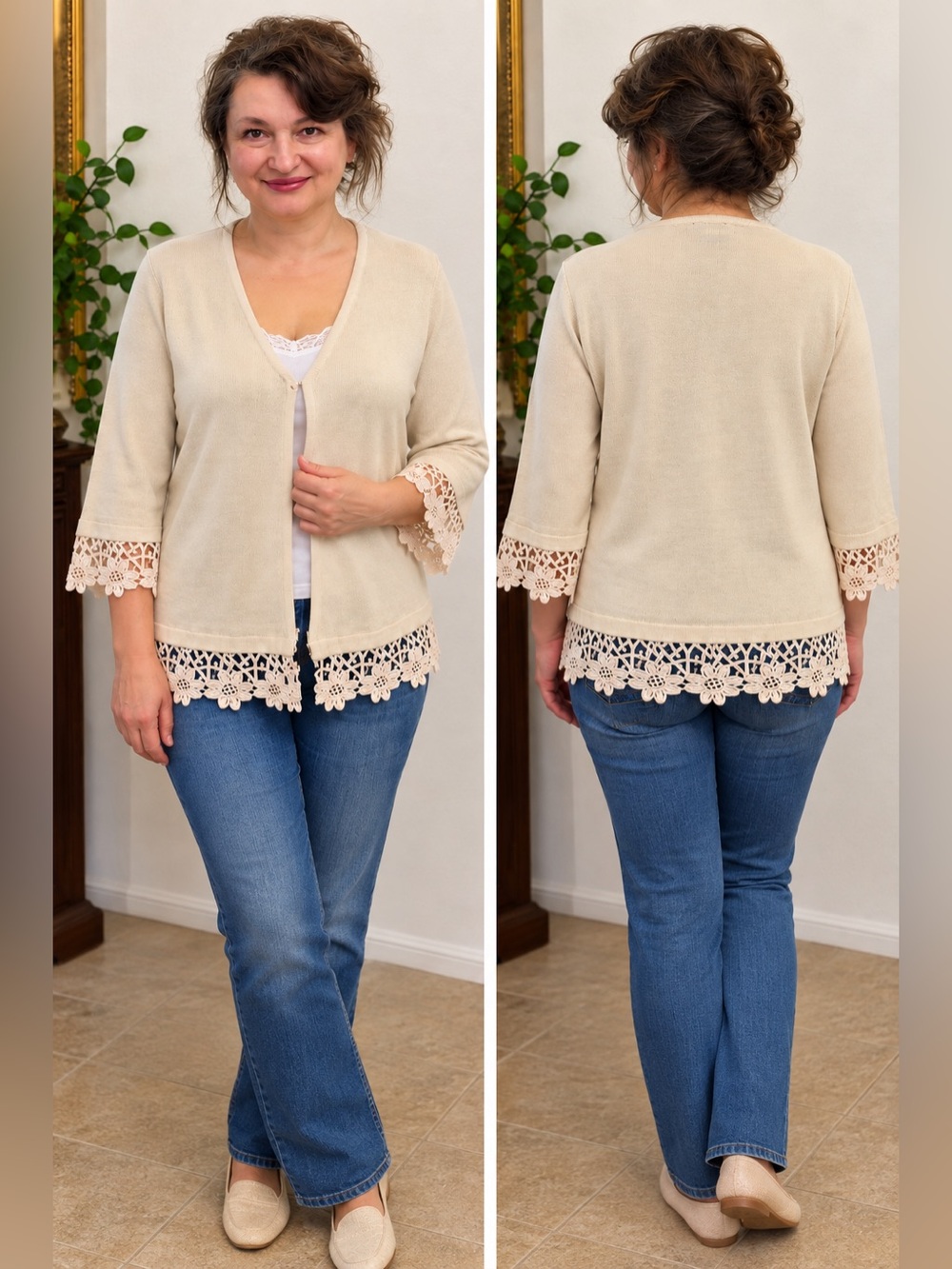 Vintage Salon Studio Women’s Cream Knit Cardigan Lace Trim 3/4 Sleeve 40-42”